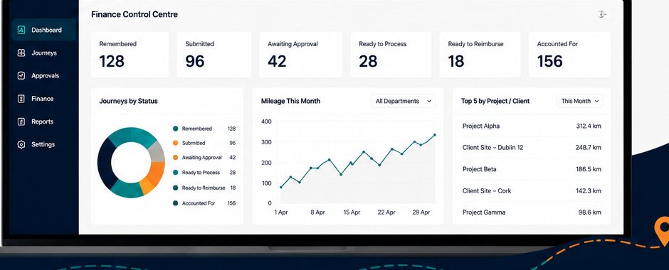 TripLedger finance dashboard with journey status and mileage reporting